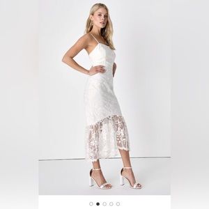 Lulu’s white embroidered lace trumpet MIDI dress